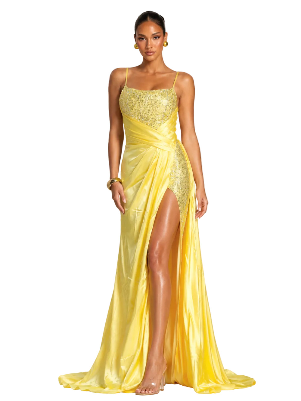 Portia & Scarlett PS22158 Yellow Beaded Draped Evening Gown - Size 14 / XL